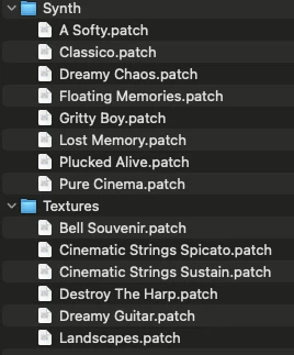 Liste des patches Synth et Textures inclus dans PALETTE